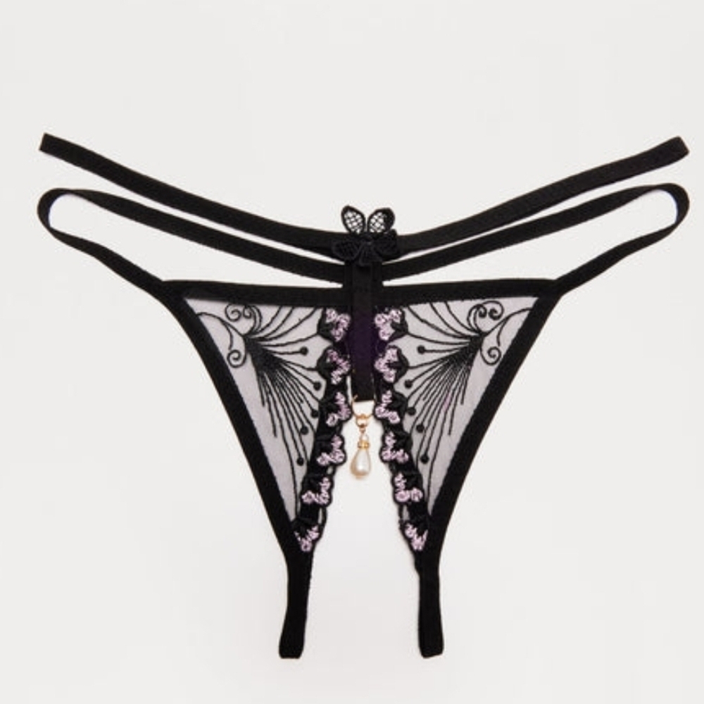 Elegant Black and Purple Lace Crutchless Thong